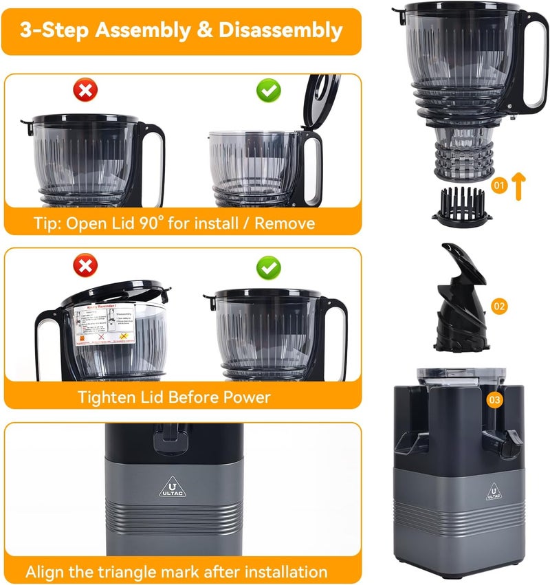ULTAC Cold Press Juicer Machines,5.8" Extra Wide Feed Chute juicer machines,350W Slow Cold Press Juicer Machines,Slow Masticating Juicer with High Juice Yield for Whole Vegetables & Fruits, Easy to Clean - Image 5